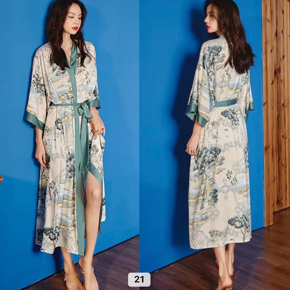 Elegant Floral Kimono Robe with Teal Accents